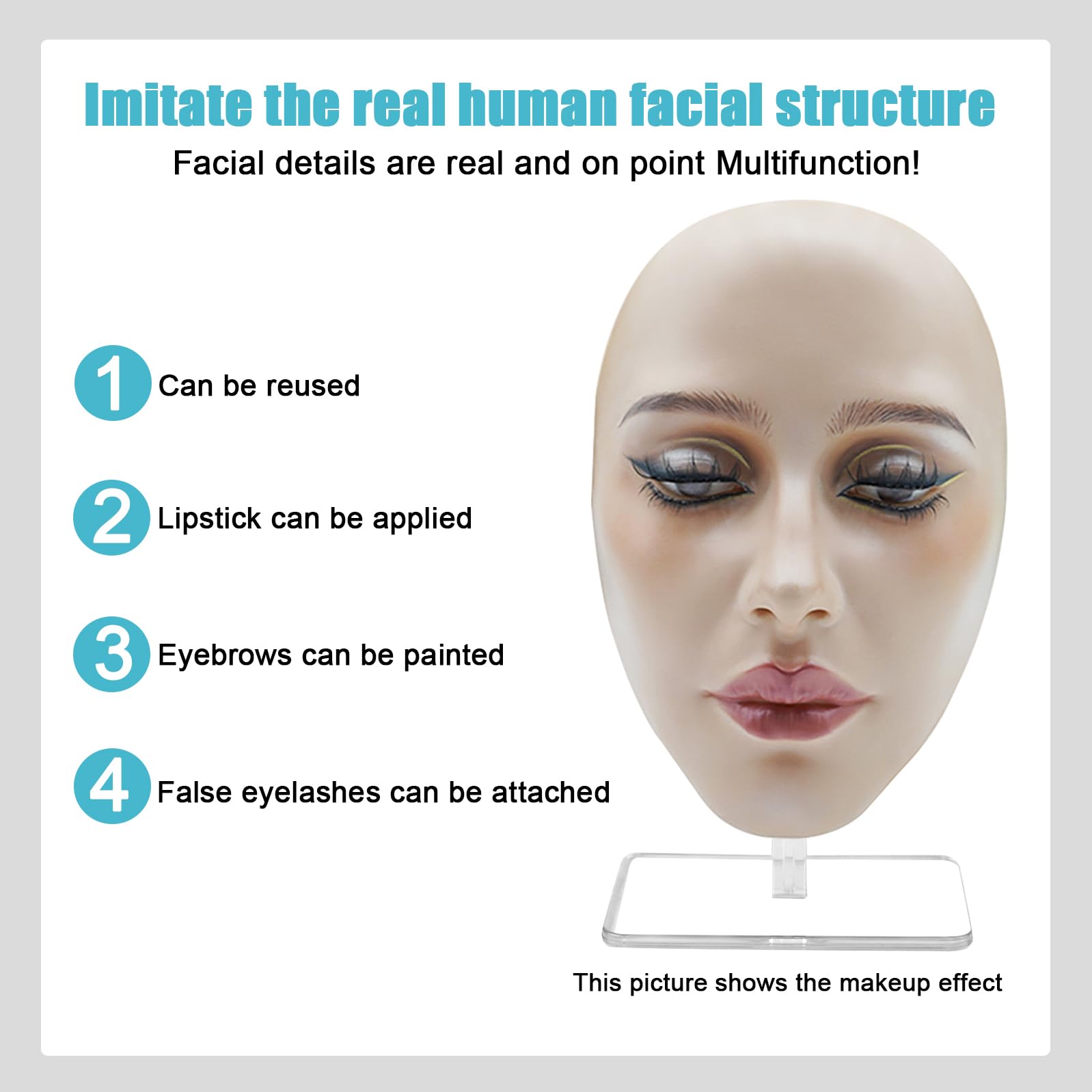 Viso di esercizio per il trucco: testa di esercizio riutilizzabile con supporto, estensione delle ciglia, trucco, per tutto il viso di pittura naturale