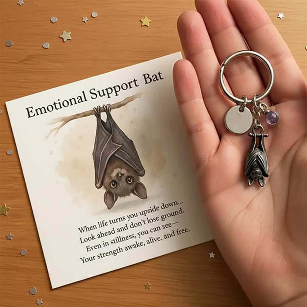 Emotional Support Bat Inspirational Keychain, Vintage Bat Pendant Encouragement Verse Card Gift for Friends