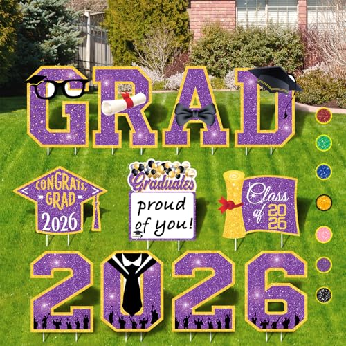 Lotus Hills Graduation Decorations 2026 Purple, 11 Pcs Graduation Yard Signs Class of 2026, 15" Large Shimmering Grad Signs for Lawn Garden Pathway, High School College Senior Grad Party Decor Outdoor