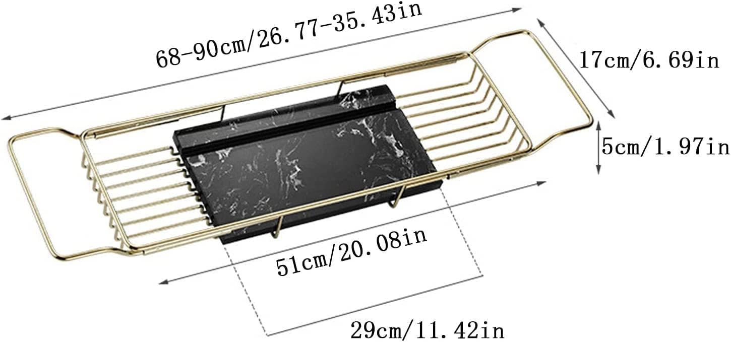 Adjustable Stainless Steel Bathtub Caddy Tray - Marble Design, Fits 26-35 inches, Perfect for Phones & Tablets, Multi-Color, Ideal for Spa Relaxation & Bathing Comfort.
