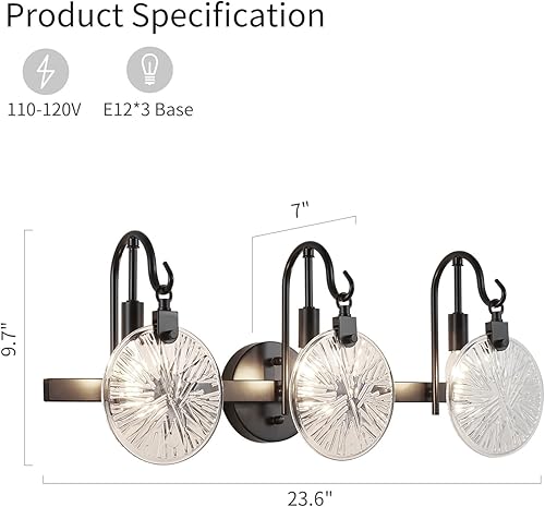 Miniatura 3 de WUZUPS Morden - Lámpara de pared de 3 luces para baño, apliques de cristal transparente para dormitorio, sala de estar, base E12, níquel