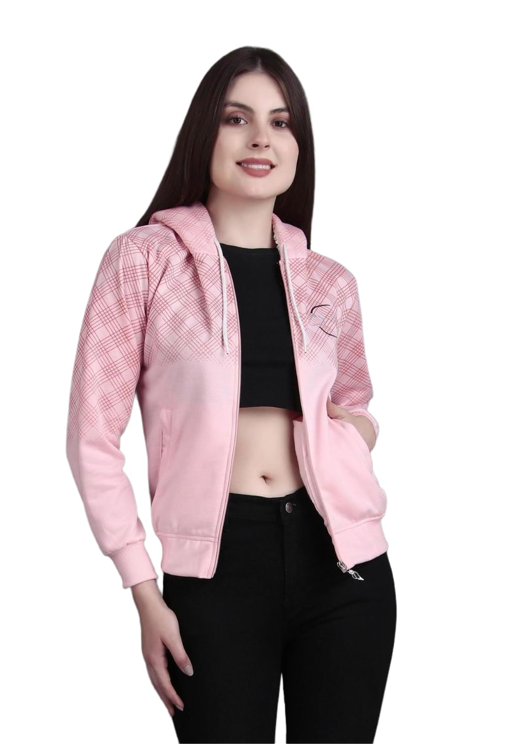 city fashion Women’s Winter Fleece Hoodie Sweatshirt – Warm Zipper with Front Pockets, Check Printed Casual Stylish Hooded Jacket-picture-45