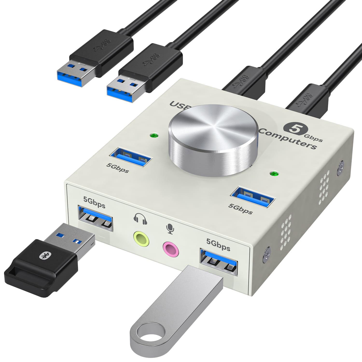 USB 3.0 Switch 2 Computers Sharing USB A & 3.5mm Wired Headset Devices, 4 Port USB Switcher for Keyboard and Mouse, Printer/Scanner with 2 USB3.0