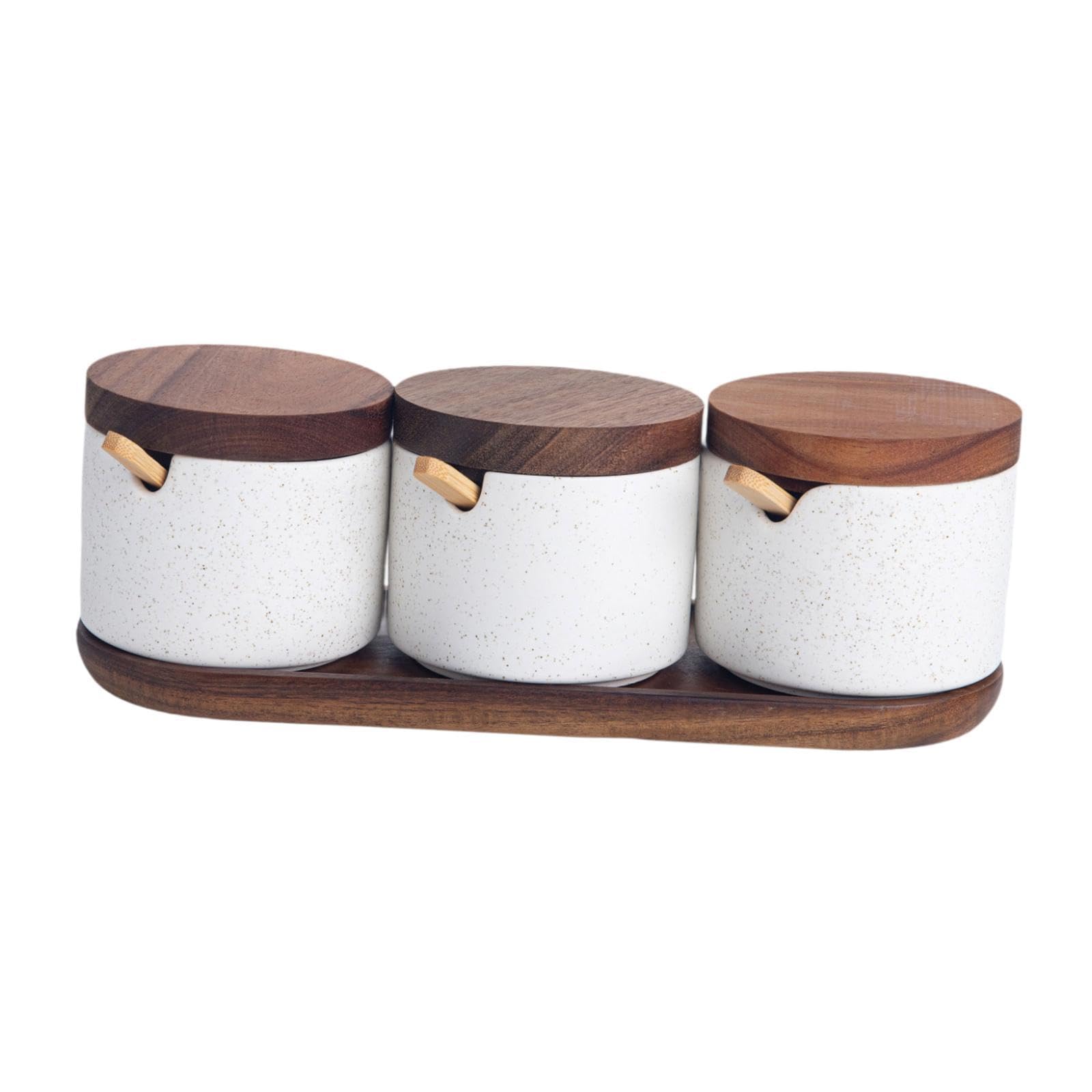 MagiDeal Barattolo per condimenti, zuccheriera in Ceramica con Coperchio in Legno, Ciotola Creativa per Sale, condimenti per tè, caffè macinato, Zucchero, casa, 3 Pezzi