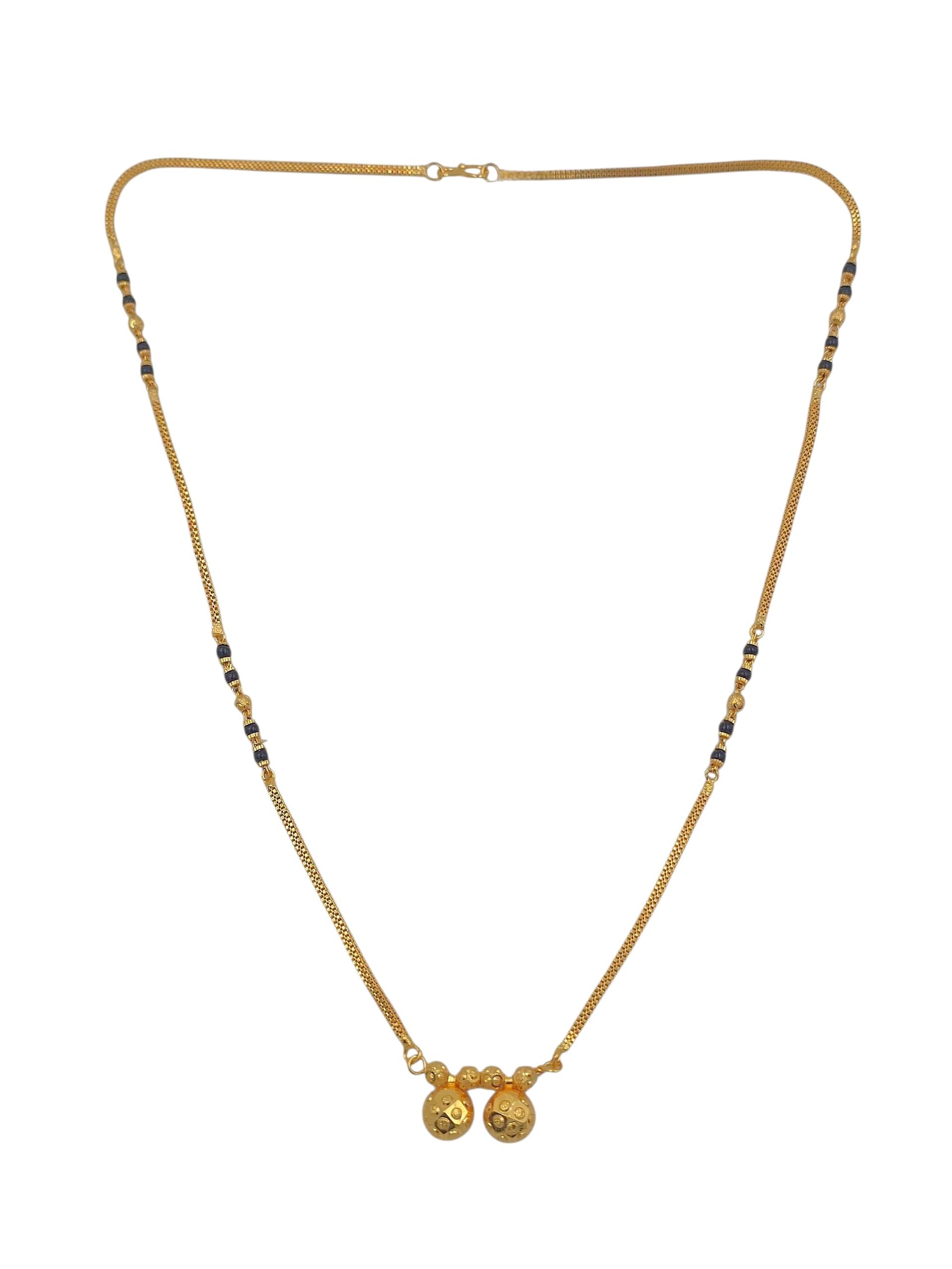 1 Gram Gold Plated Traditional Short Ganthan Mangalsutra for Women | Daily Wear Short Tanmaniya with Black Beads | 18-Inch Gold Jewelry