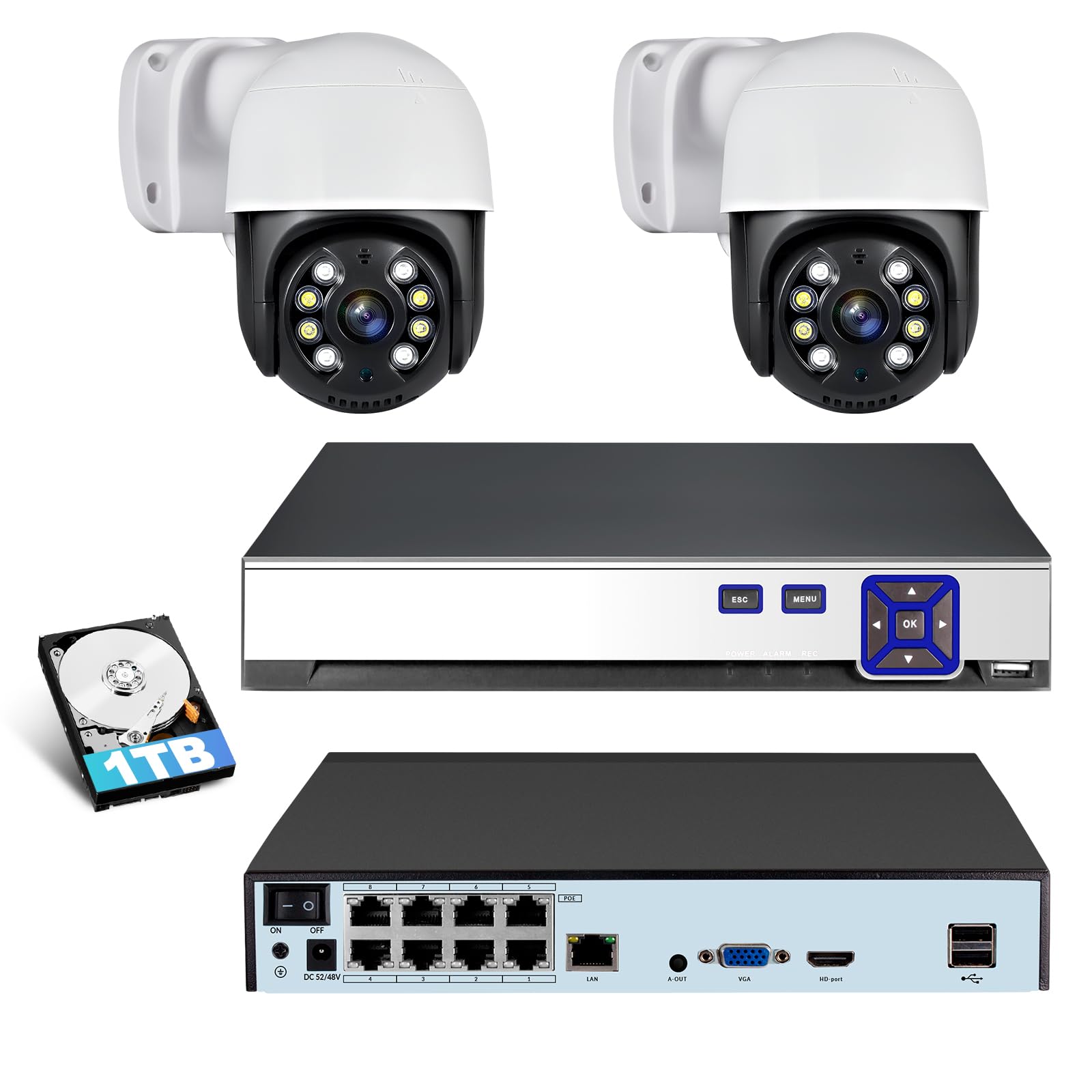 8-kanałowy zestaw 4K POE kamera do monitoringu na zewnątrz – profesjonalny system bezpieczeństwa CCTV z dyskiem twardym 1 TB, kamerami IP 8 MP, nagrywanie H.265+ i powiadomienia o aplikacji