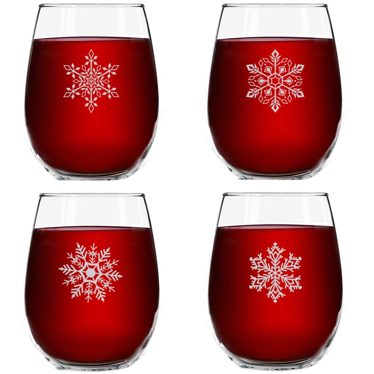 Snowflakes Christmas Stemless Wine Glass (Set of 4) - 15 oz - 4 Unique Designs- Cheerful Holiday Party Cups- Elegant Gift Exchange Idea for the Christmas Holiday Season