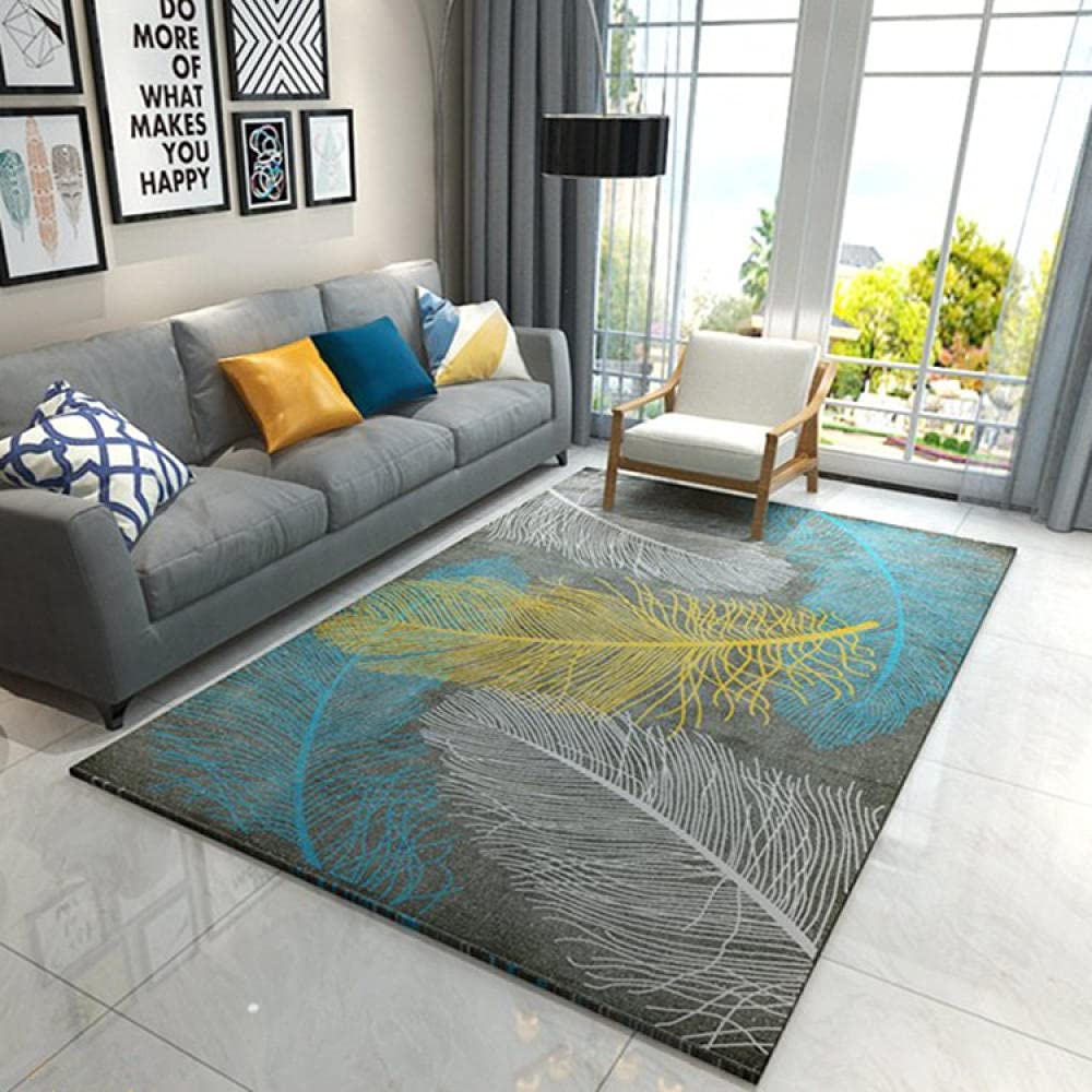 Tapis bleu jaune blanc plumes 160x280cm au tissage soigné pour véranda
