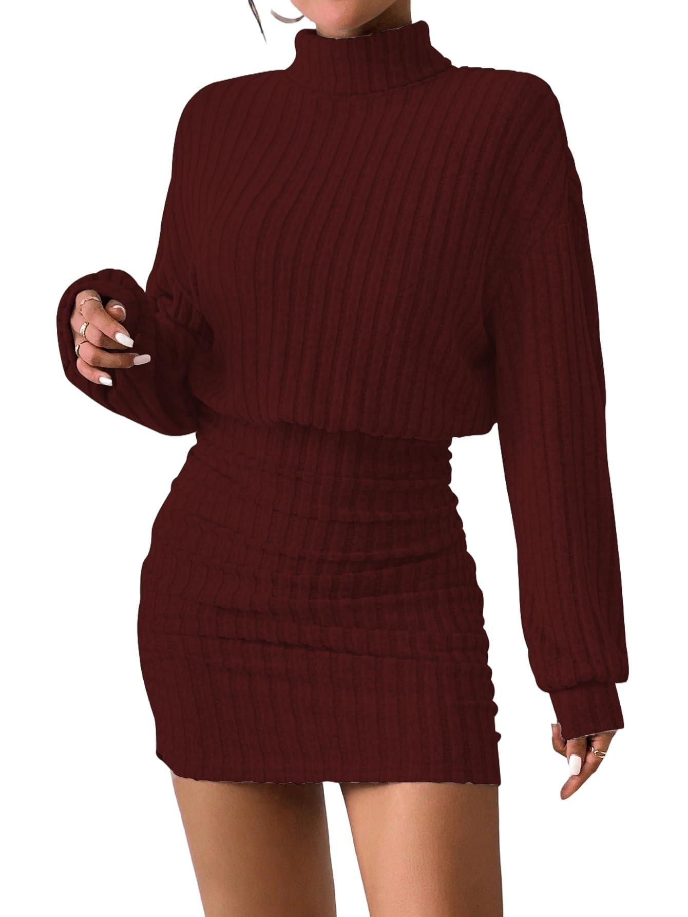 Womens Pullover Sweater Dress Long Lantern Sleeve Turtle Neck Cute Ribbed Knit Bodycon Mini Short Dress 2025 Fall