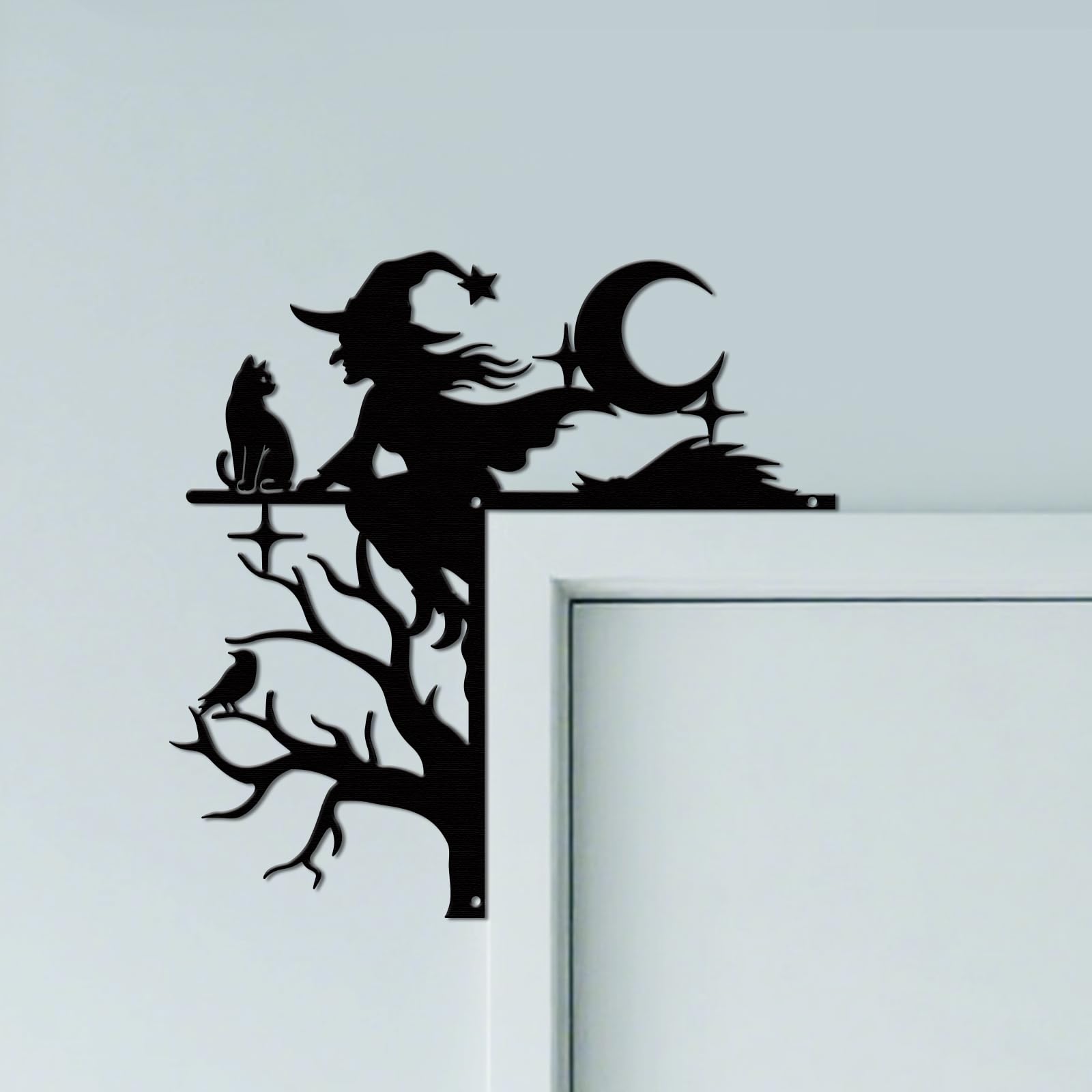 CUTHOLLOW Moon Witch and Raven Door Topper Sign Wall Art Decor, 9.8"x9.8" Double-sided Metal Unique Hanging Above Door Frame Corner Accent for Home Front Door Hallway Baseball Room Entryway