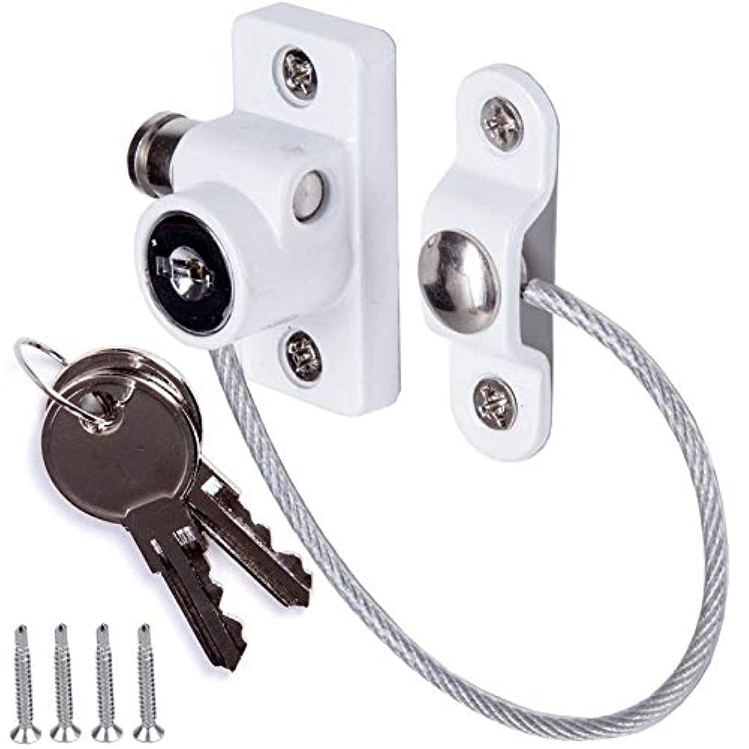 Rubik 1pc Universal Window Door Sliding Flexible Wire Cable Lock, Restrictor Child Baby Safety Security Lock Catch with Screw & Keys - White/Silver