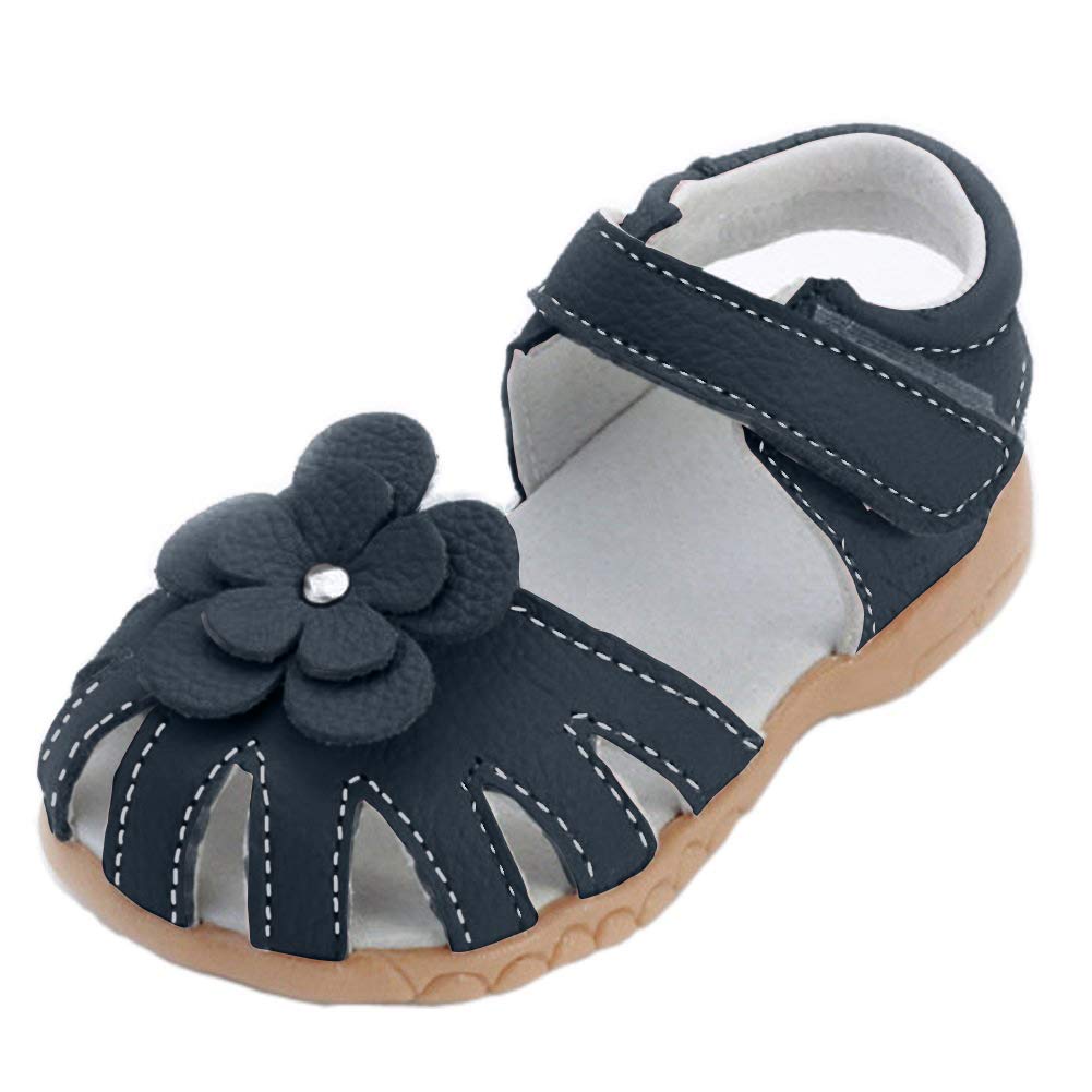 Orgrimmar Girls Sandals Genuine Leather Soft Flower Princess Flat Shoes Girl Summer Sandals Closed Toe Shoes(5 M US Toddler,blue)