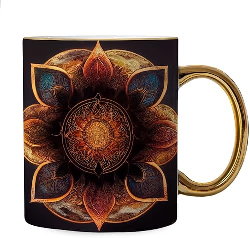 Taza con diseño de mandala con borde y asa de flores doradas taza estampada