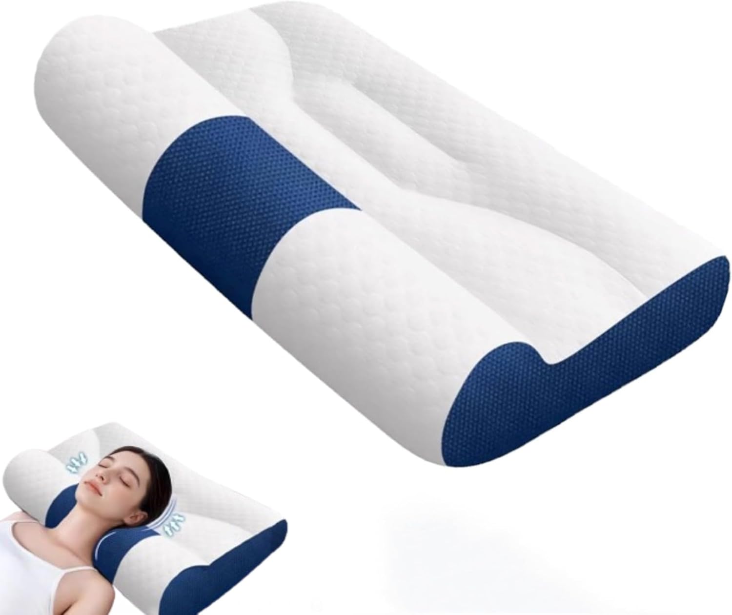 Sleep Enhancing Cervical Support Comfort Goose Down Pillow, 2025 Upgraded Ergonomic Goose Down Pillow for Sleeping, Premium Cervical Neck Pillows for Side, Back, Stomach Sleepers (Blue)