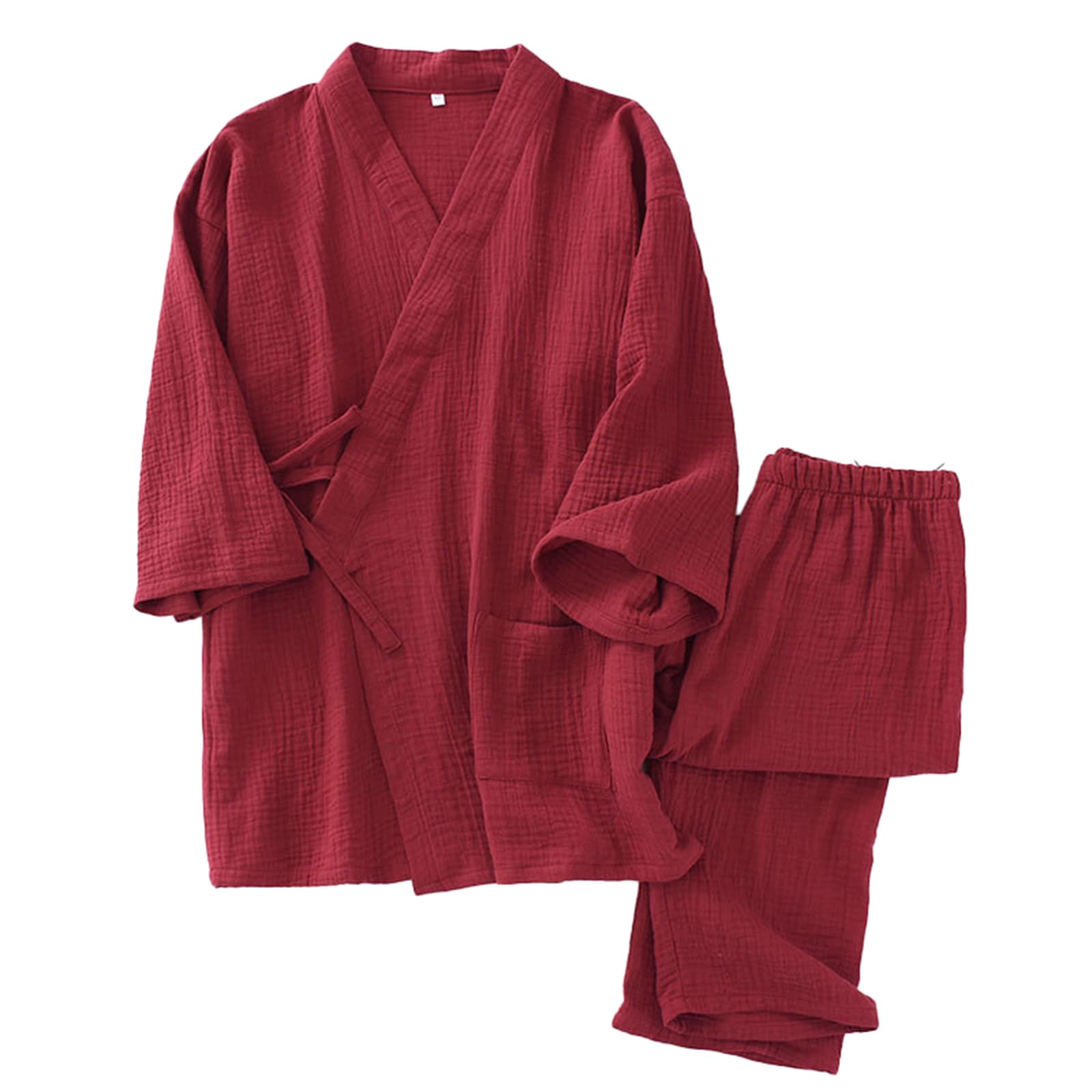TIANQIHAO Summer Japanese 2-Piece Pajamas Suit Long Sleeve Cotton Bathrobe Kimono Bathrobes Sleepwear Pjs Set,Burgundy-Large