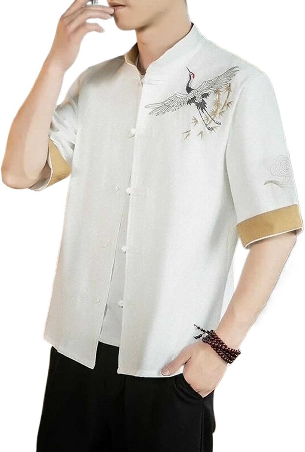 Embroidered Mens Shirts Kungfu Tai Chi Casual Short Sleeve Chinese Style Linen Cardigan Tang Suit Men Tops