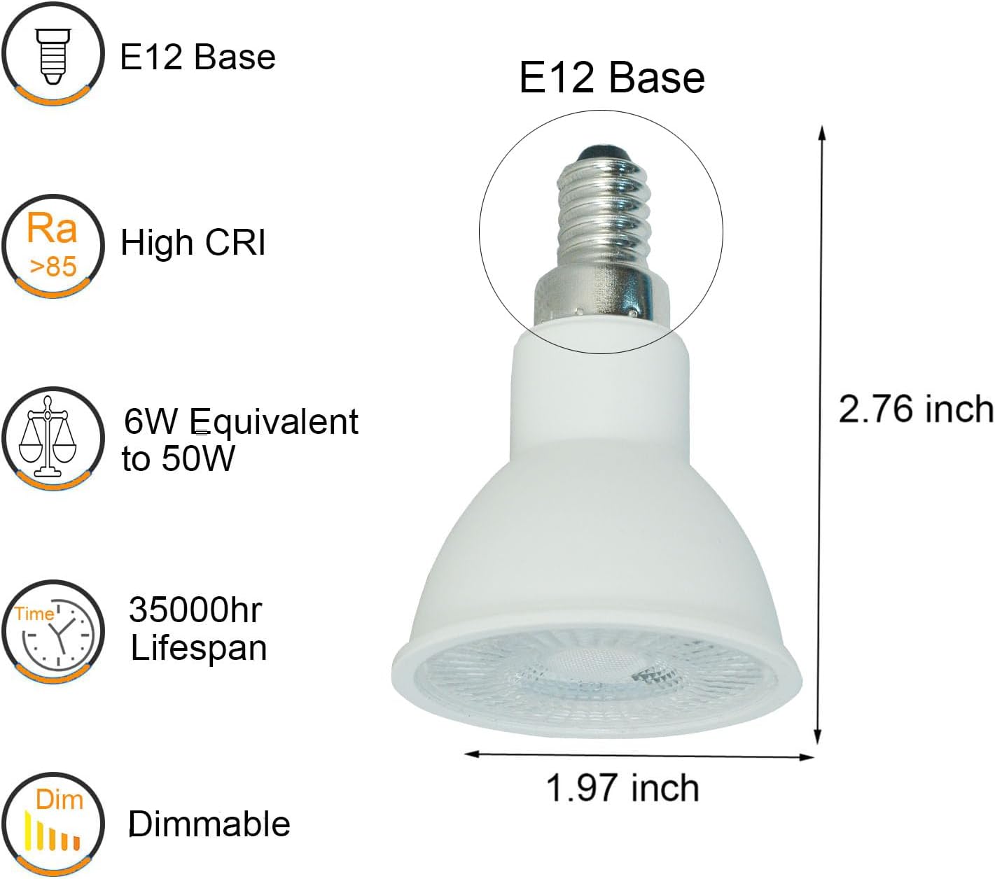 PAR16 LED Bulbs 2-PACK,Warm White 3000K Dimmable Spot Lights 50W Equivalent Uses 6W,500 Lumens, E12 Base for Living Bedroom Dining Room