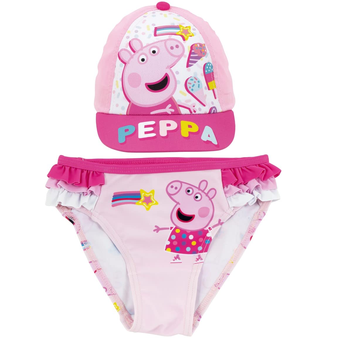 Peppa Pig Beach or Pool Culetin + Peppa Pig Cap for Girls | Peppa Pig Cap and Culetin Swimsuit Pack | Peppa Pig Ruffled Culetin and Adjustable Cap