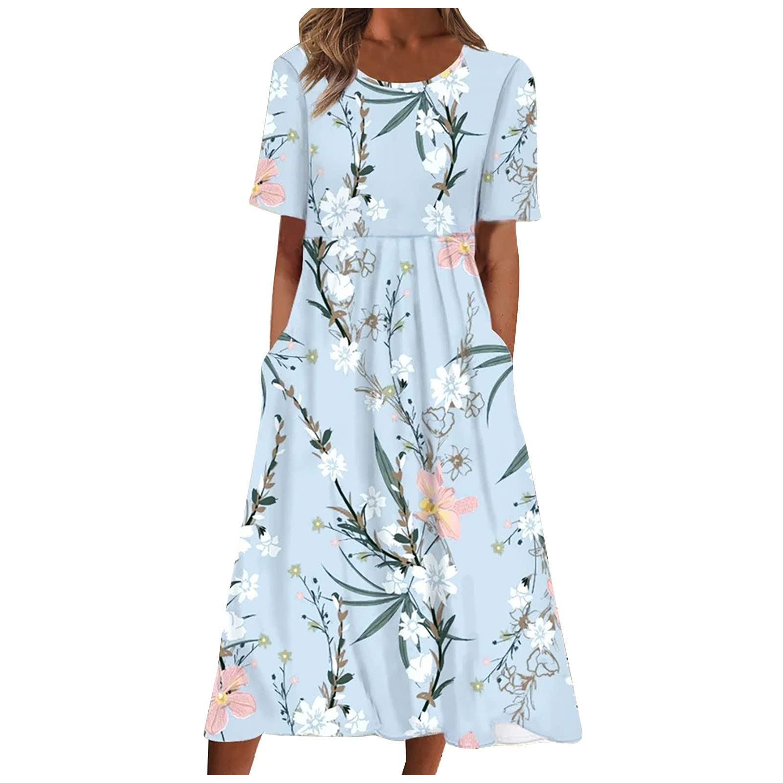 Women's Boho Dress Short Sleeve O-Neck Pocket Dress Casual Print Short Crewneck Dress Spring Dresses 2023