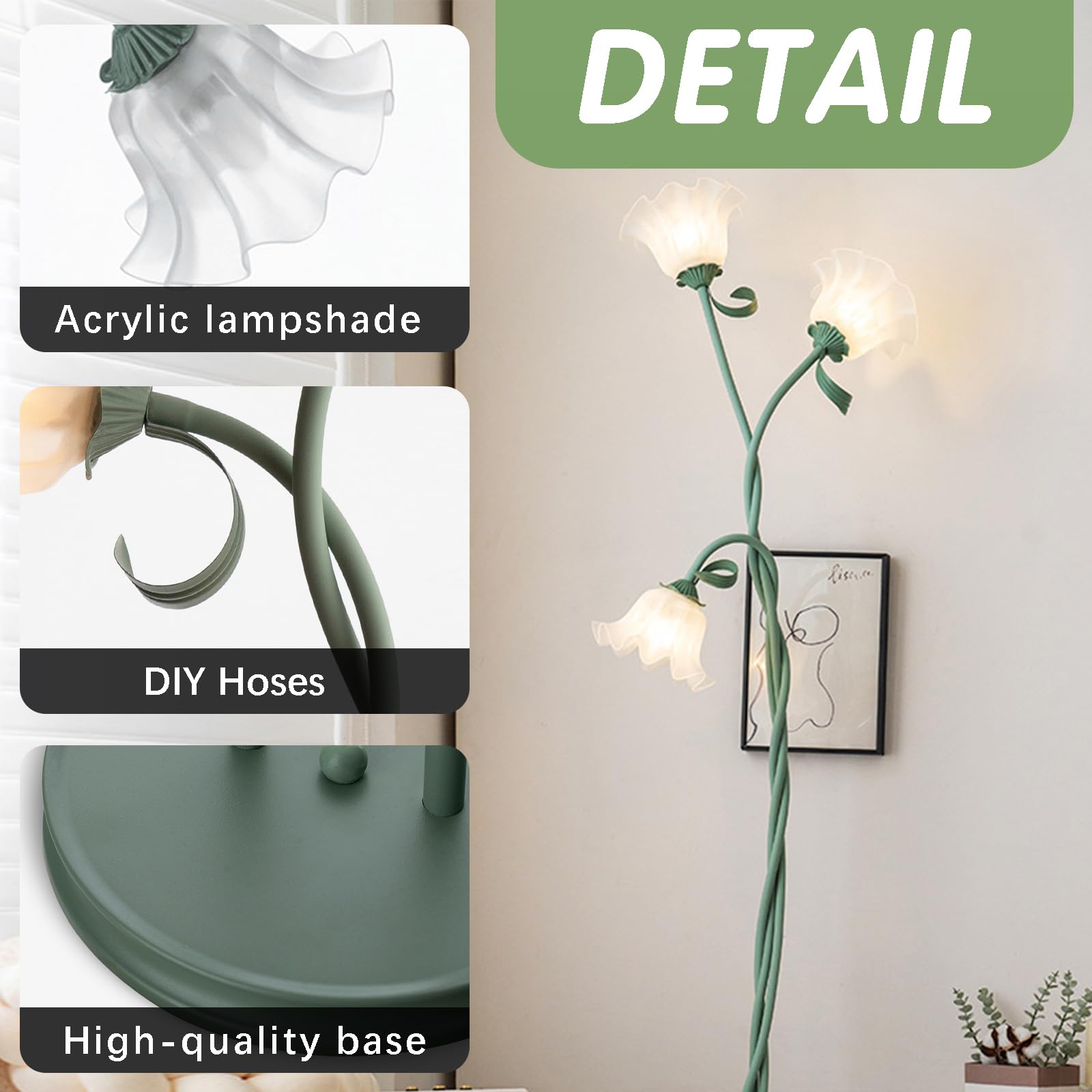 GrüNe Stehlampe Wohnzimmer,Europäische DIY Eisen Stehlampe Mit 3 Drehbaren Blumen,170 Cm Moderne Floor Lamp Geeignet FüR Schlafzimmer,Wohnzimmer,Arbeitszimmer,BüRo,Inklusive 3 GlüHbirnen