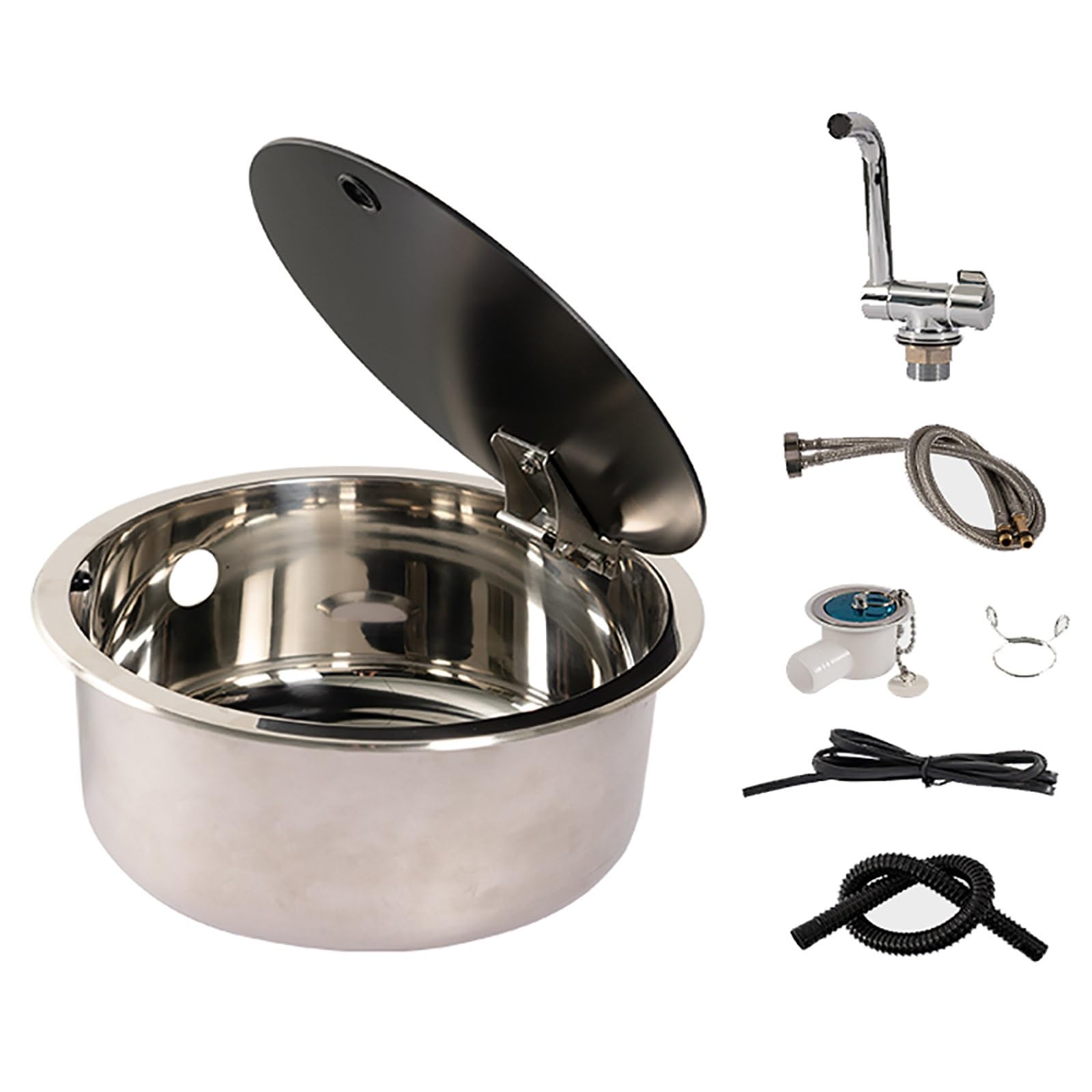 HYSOPSPX Stainless Steel RV Kitchen Sink with Tempered Glass Lid and Hot & Cold Faucet for Camper Caravan