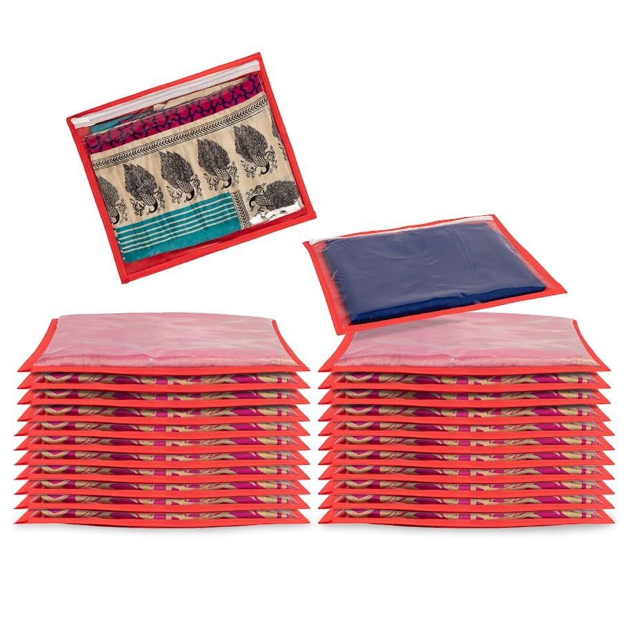 Homestrap Set of 24 Single Saree Covers | Transparent Top, Foldable & Zip Closure | Clothes Storage Bag & Wardrobe Organizer | Dust & Moisture Resistant Organizers |Red,Polypropylene