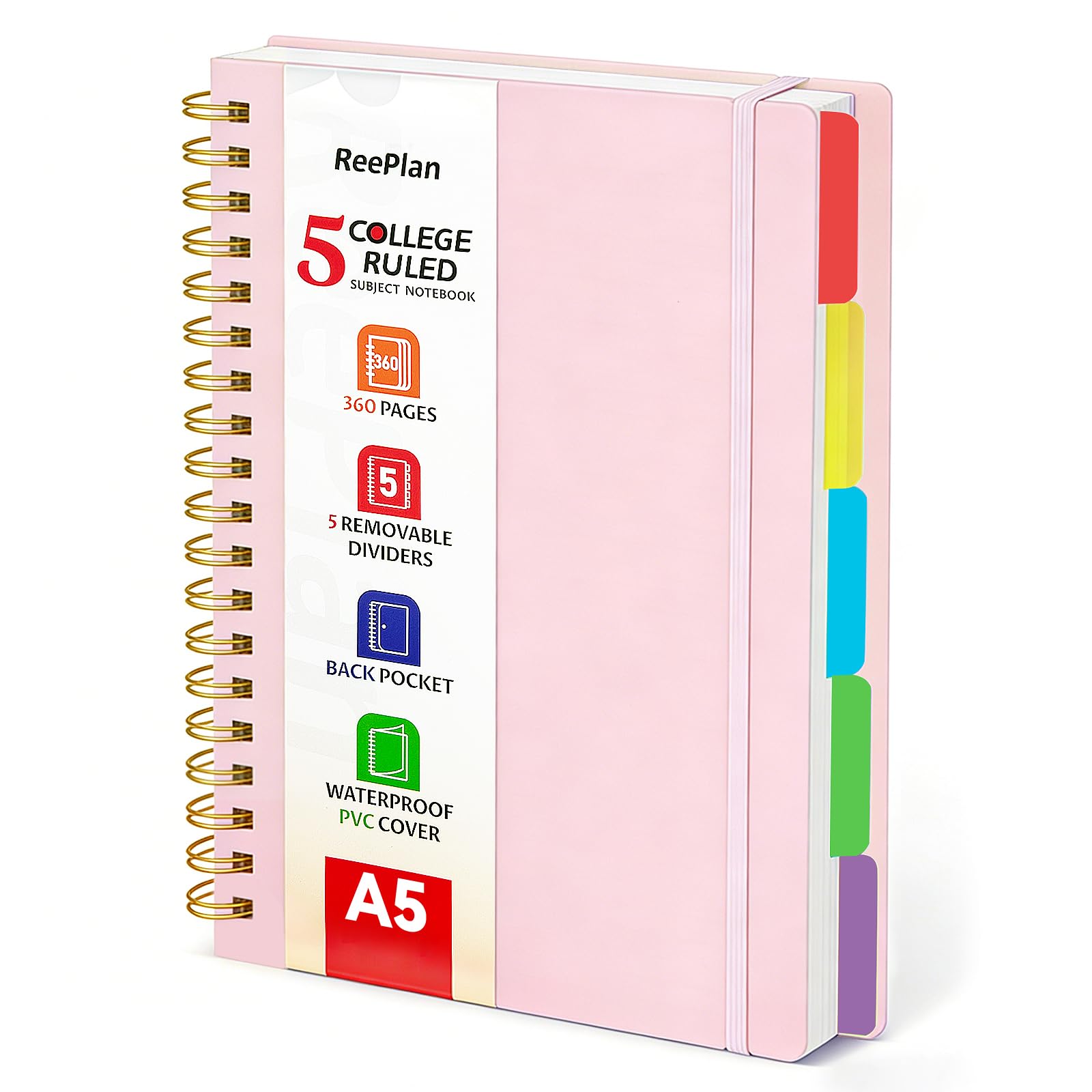 ReePlan A5 Spiral Notebook, 360 Pages College Ruled with 5 Removable Dividers, 100 GSM Thick Paper Journal, Multi-Subject Note Book for School, Office and Daily Writing (Pink)