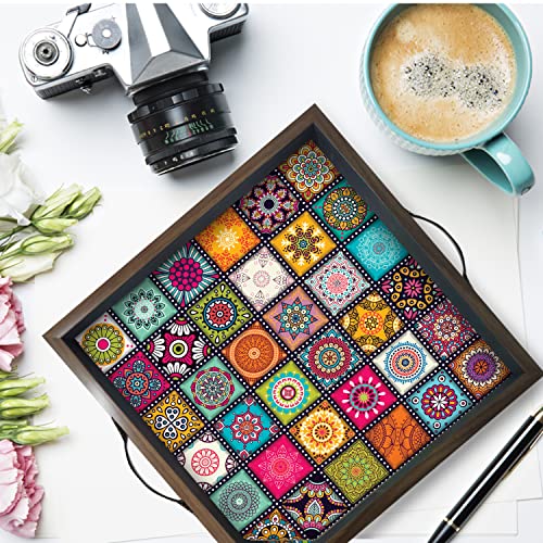Image of Printelligent Wooden Serving Tray for Serving with Handle, Table Decoration,Coffee Table, Food, Tea, Ottoman, Restaurant Size (12 Inches x 12 Inches, Brown) (K)