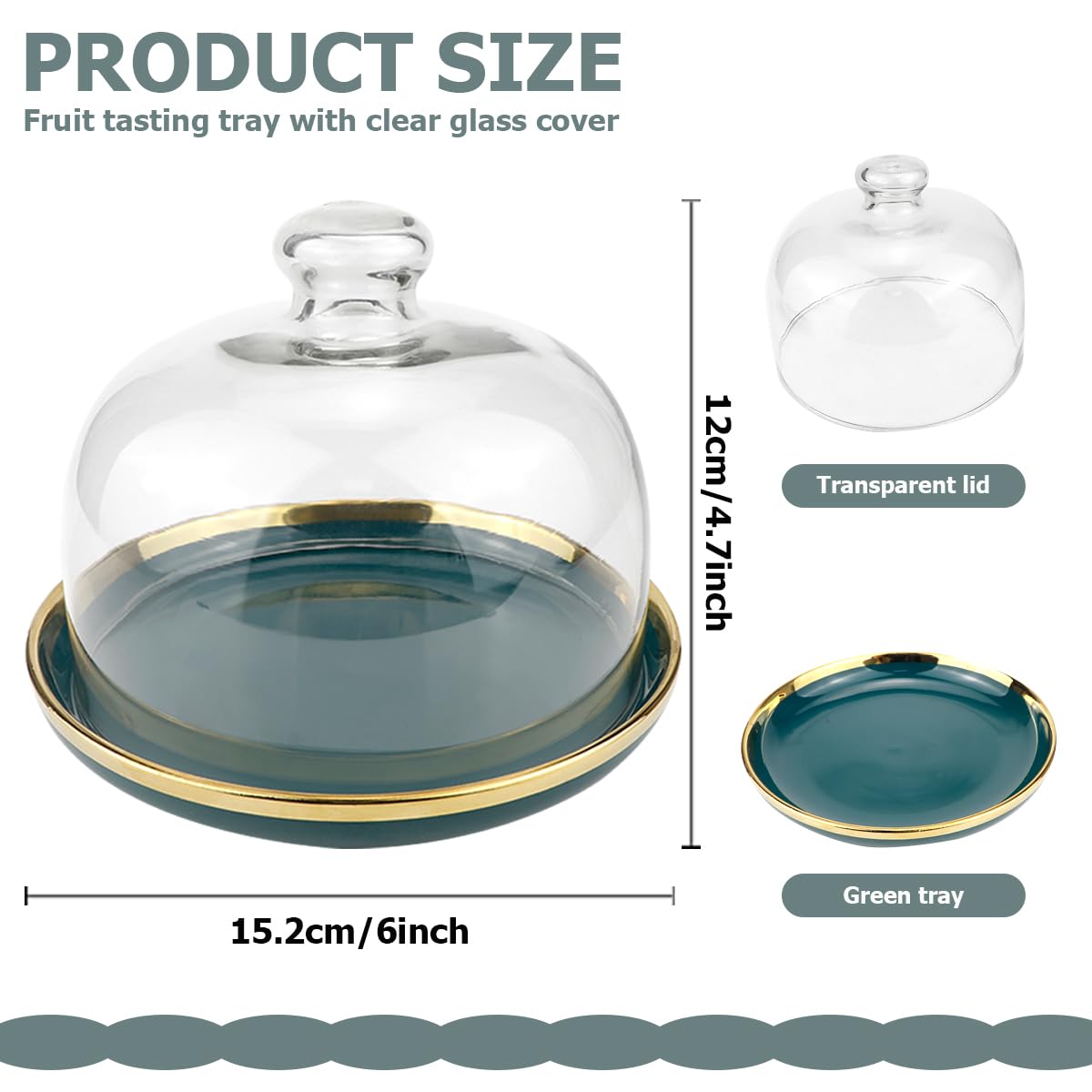 DOERDO Présentoir à gâteau avec dôme, plateau de service en céramique avec dôme en verre transparent, pour macaron, fromage, desserts, 15,2 x 12,9 cm, vert