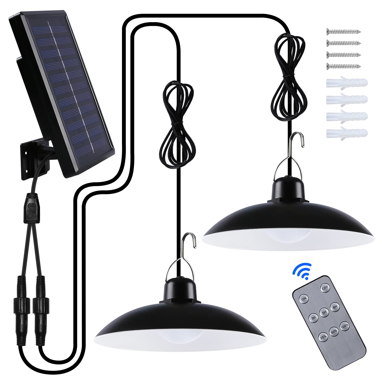 Luce Solare LED Esterno, IP65 Lampada Solare da Esterno Impermeabile Doppia Testa Lampade Solari a Sospensione con Telecomando per Giardino Garage Agriturismi