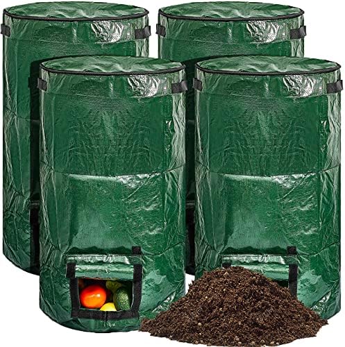 Ctosree 4 Pieces Compost Bin Bags Large 34 Gallon Reusable Yard Waste Lawn Bags Heavy Duty Garden Composting Garbage Can Outdoor Container with Zipper Lid and Handles for Loading Leaf Trash