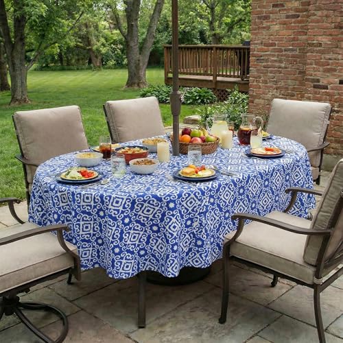 Image of EHouseHome Outdoor Indoor Tablecloth with Umbrella Hole for Oval Table,Waterproof Patio Table Cloths, Spring /Summer Table Covers with Zipper for Backyard Circular Table /BBQs /Picnic,60 x 84 inches