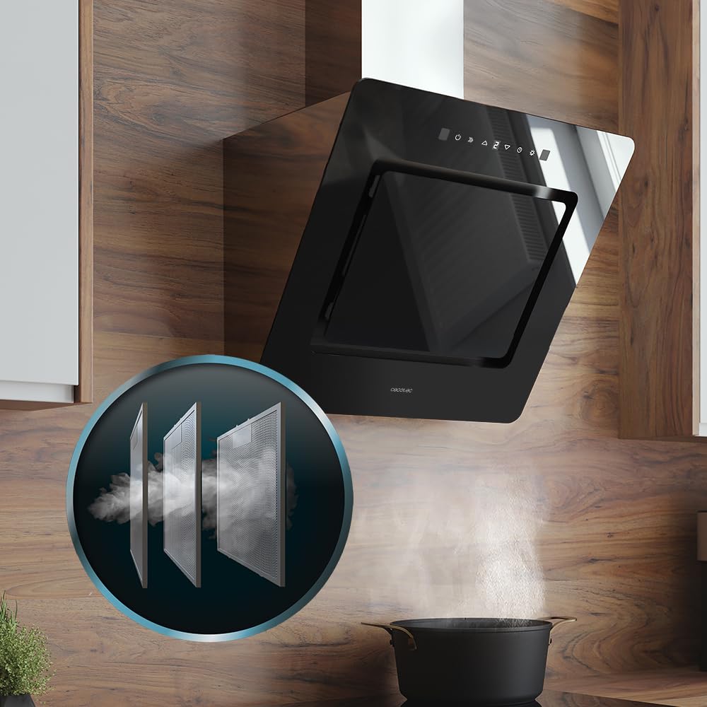 Cecotec Campana Extractora Decorativa 60 cm Bolero Flux DT 608002 Glass Black A++, 210W, Iluminación LED, Succión 800m3/h, Control Táctil, 3 Niveles, Filtro Carbono, Hand Movement, Delay Function