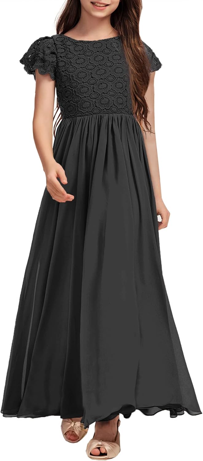 HOSIKA Girls Vintage Chiffon Ruffle Sleeve A-Line Wedding Party Maxi Junior Bridesmaid Dress for Kids 6-12 Years - Image 8