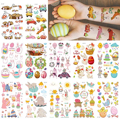 12 Sheets Easter Temporary Tattoos Stickers Fake Waterproof Small Temporary Tattoo Easter Egg Rabbit Design for Women Girl Kids Body Arm Chest Hand Shoulder Party Decoration
