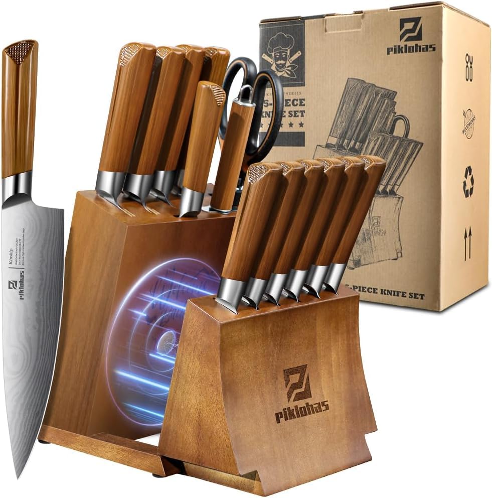 Piklohas Küchenmesser-Sets mit Block, 15 Stück Messersets mit magnetischem, abnehmbarem Messerhalter, Hartstahl Damastmuster, Kochmesserset mit Steakmessern, ideal für Hauseinweihungsgeschenk