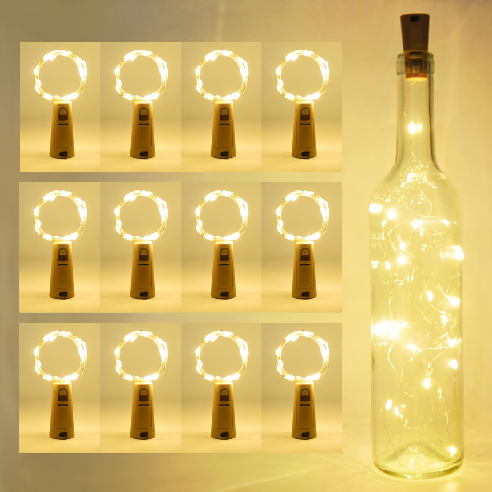 Aiguozer 12 Stück LED Flaschen Licht Korken Warmweiß, 20 LEDs 2M Flaschenlicht Lichterkette mit 36 Batterien(24 extra) Weinflasche Nacht Licht, für DIY Deko Party Urlaub Beleuchtung