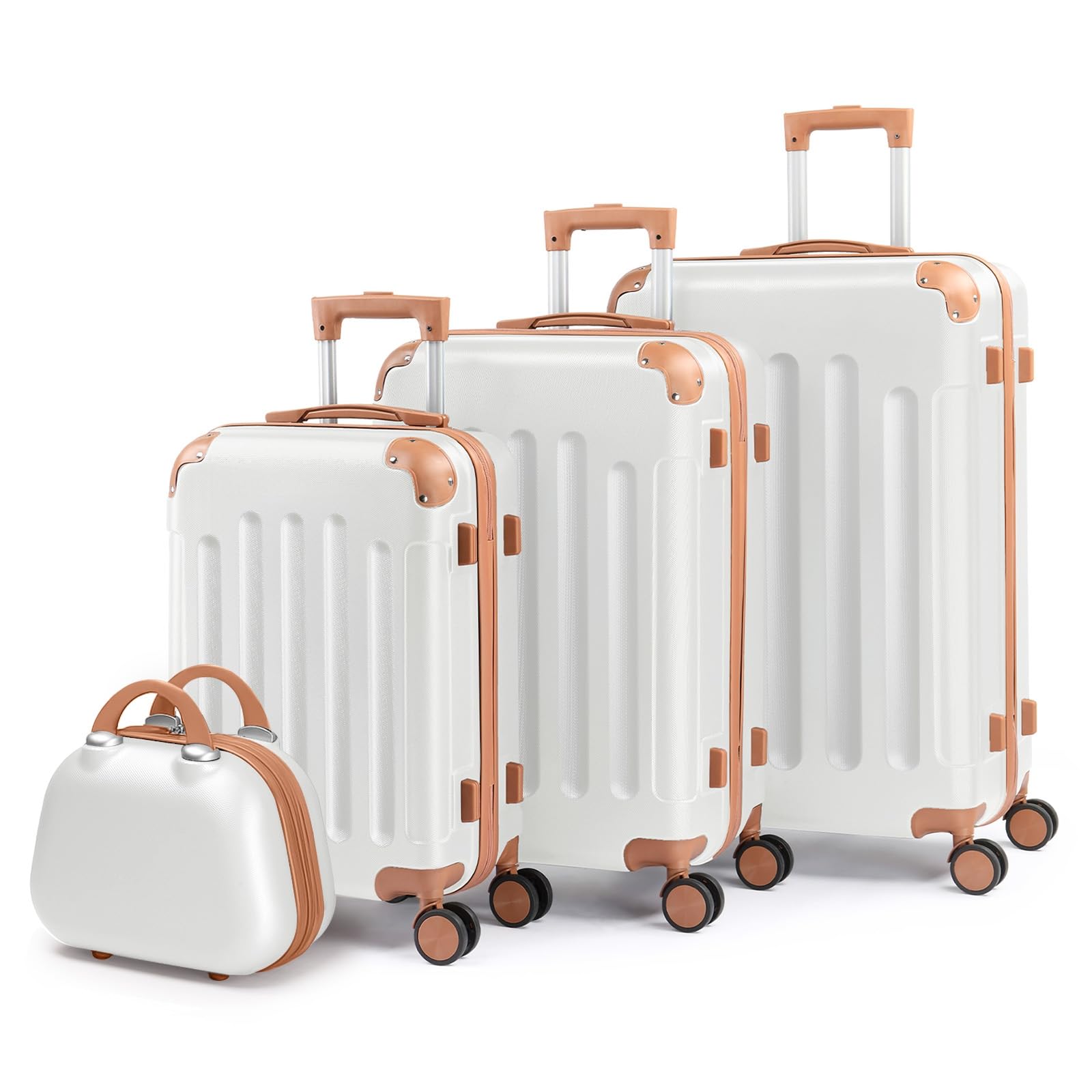 LALAHO Set de 4 Valises avec Vanity Case, Valise Grande Taille & Cabine, Petite Valise, ABS avec Coins Renforcés, roulettes Pivotantes 360° (Beige-Marron)
