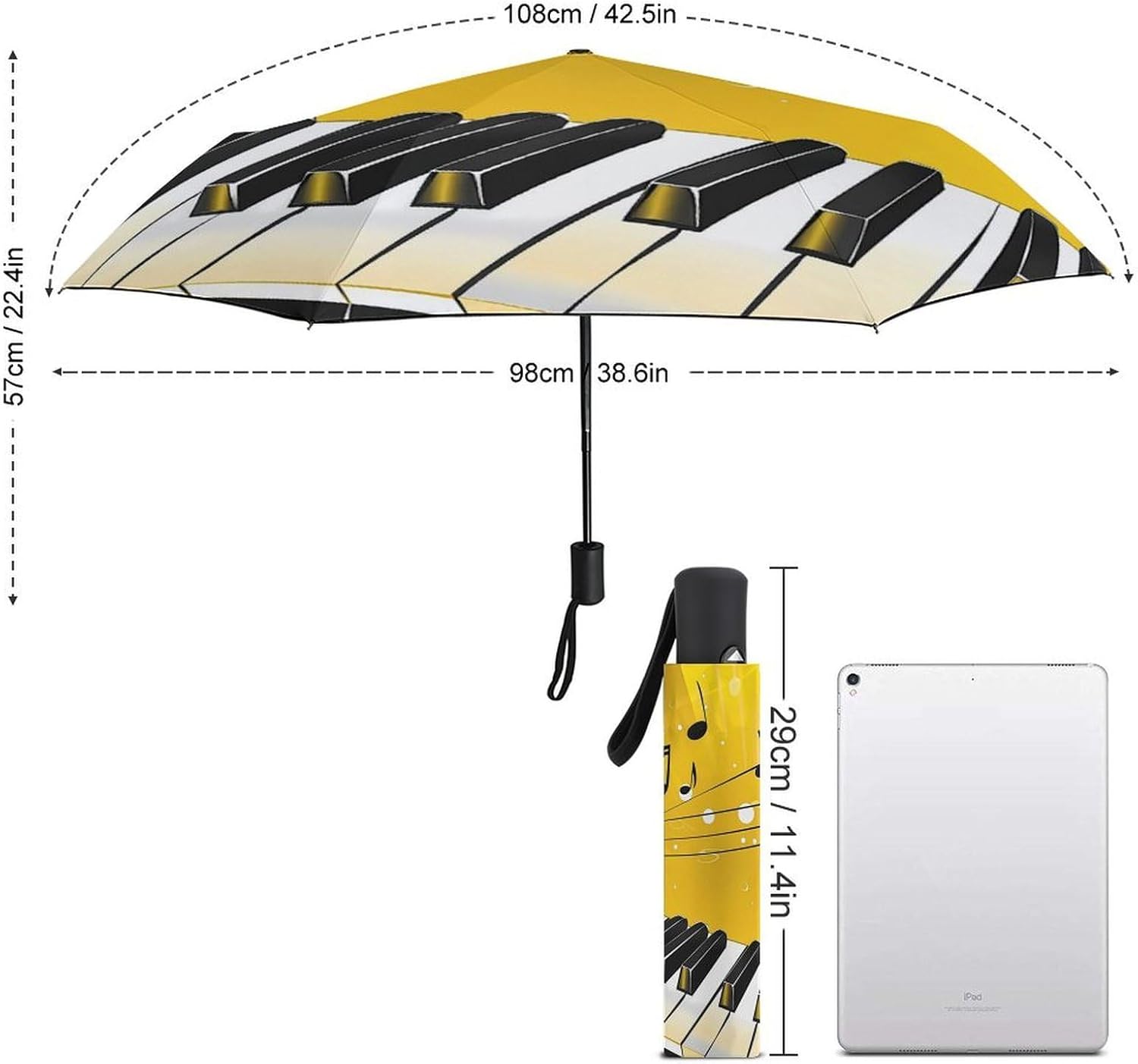 Piano Keyboard Auto Open Close Umbrella 3-Fold Design for Rain Sun Protection Music Note Windproof Compact Umbrella for Walking Travel Lightweight