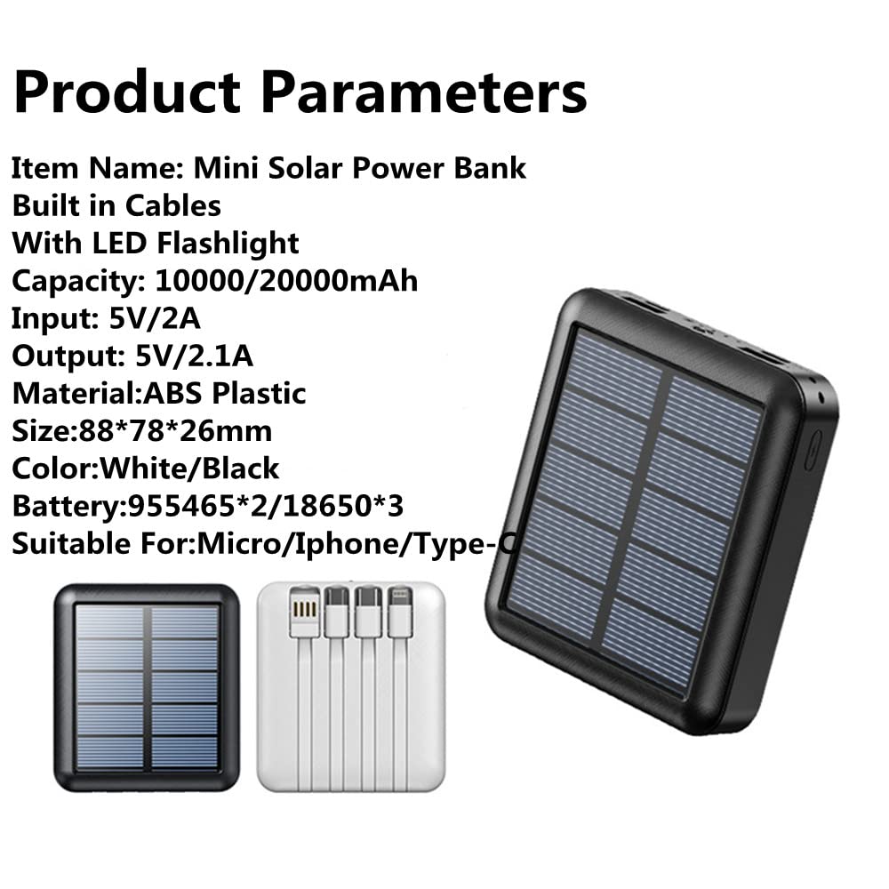 Power Bank Solare 20000mAh Con 4 Pannelli Pieghevoli - Caricatore Portatile Con 4 Cavi Integrati (USB C, IOS, Micro) E Torcia LED - 3