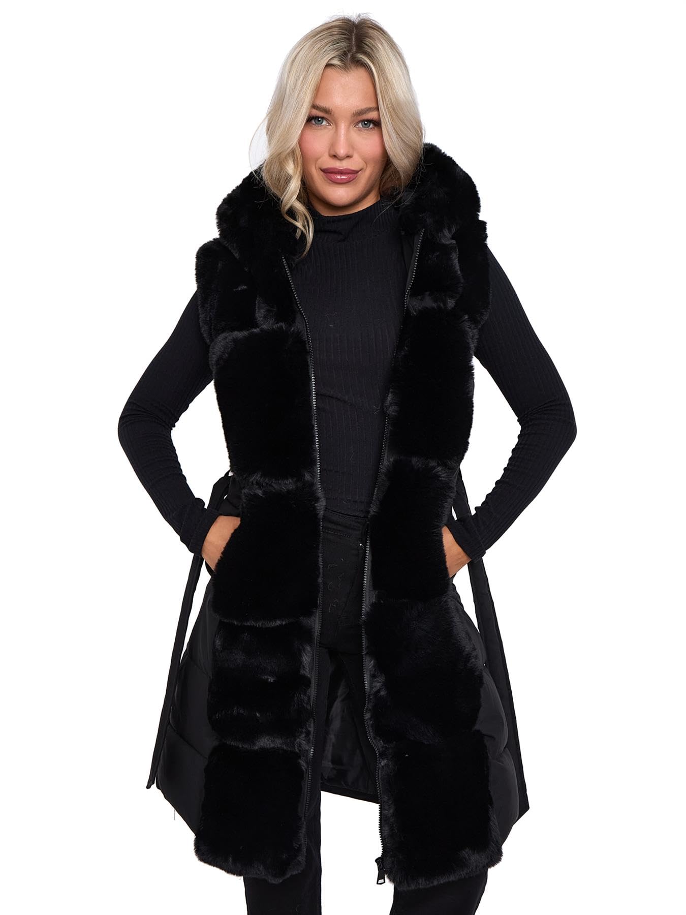 Ss7 Women's Black Faux Fur Gilet Padded Sleeveless Jacket