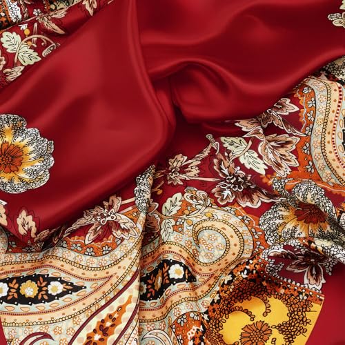 Image of DRESHOW 35 inch Large Square Satin Head Scarf - 4Pcs Silk Accessories Classic Patterned Squares Beach Bandanas for Women