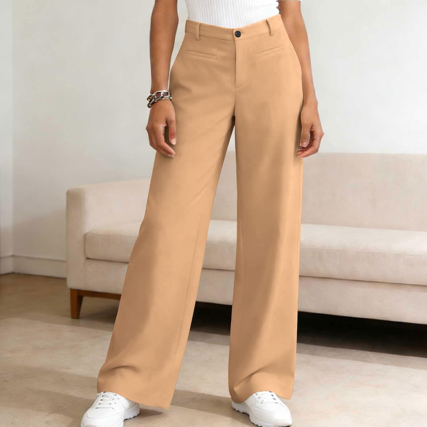 Womens Dress Pants Wide Leg Work Pants High Waisted Pull On Casual Trousers Loose Fit Casual Pant with Pockets