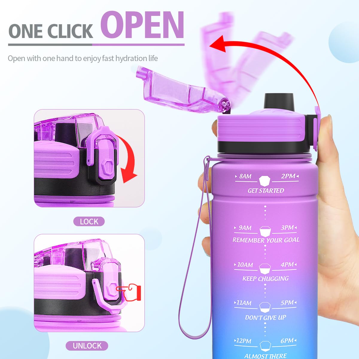 Niggeey Borraccia Sportiva Da 2l, 1,5 Litro, 1 Litro, 700ml, 500ml Bottiglia Sportiva con Indicatore del Tempo e Scala, 1 clic Aperto, Adatto per Palestra, Yoga, Bicicletta, Campeggio e Vita Familiare