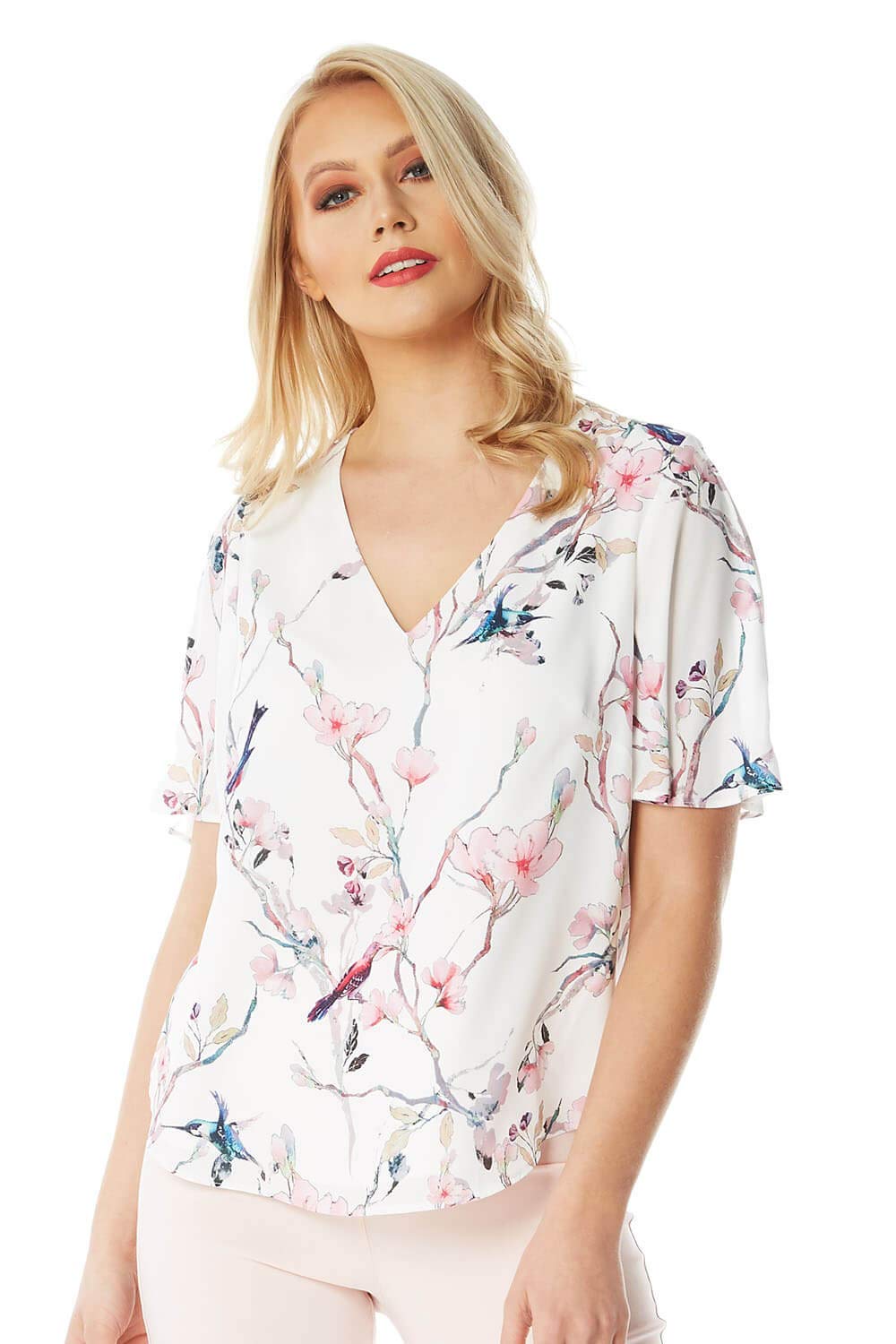 Roman OriginalsWomens Floral Short Angel Sleeve Top - Ladies Fashion Smart Casual Formal Party Gatherings Special Occasions Summer Holiday Work Wear Tops