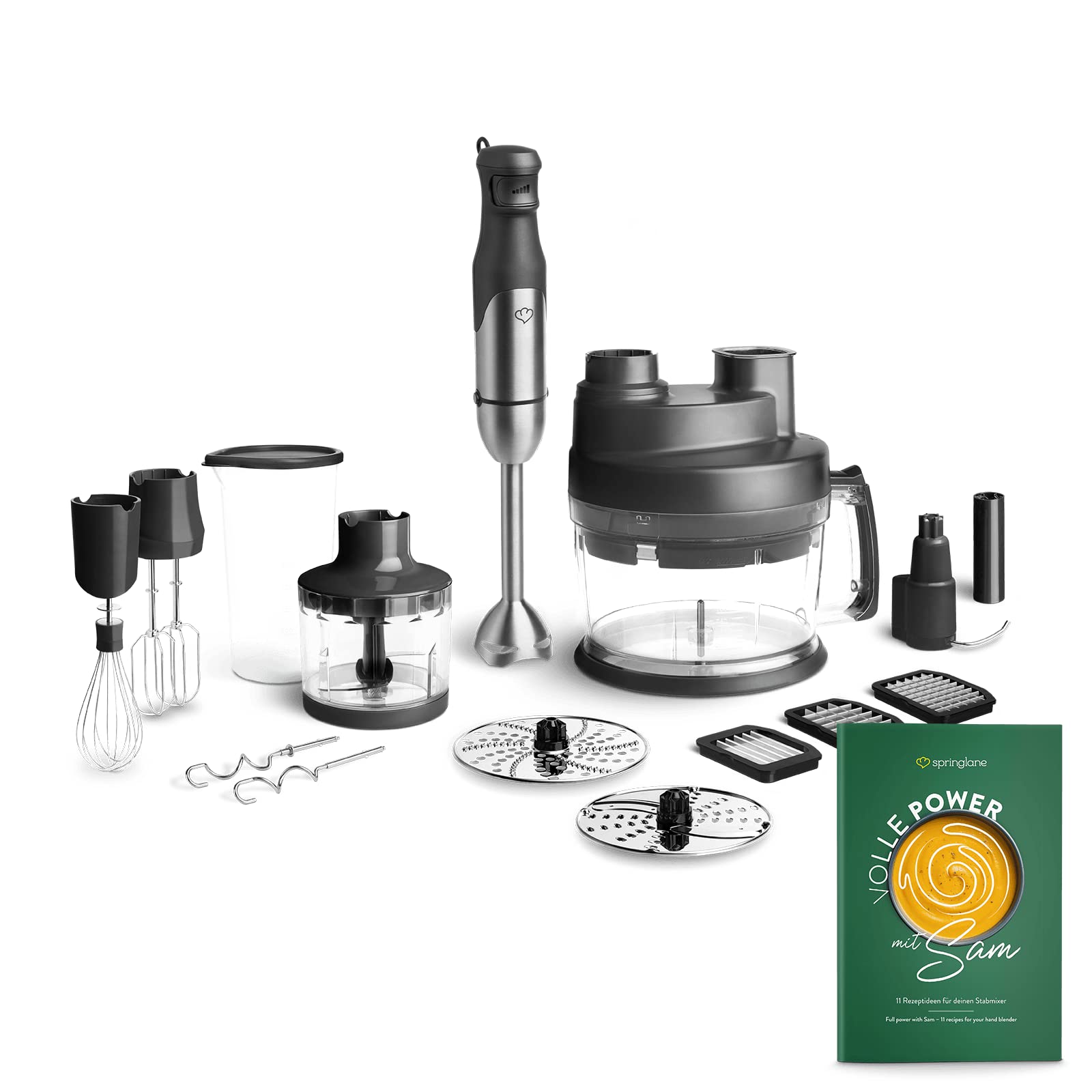 SPRINGLANE Edelstahl Stabmixer Set Sam 800 W, Pürierstab, Behälter mit Deckel, Zerkleinerer, Schneebesen, Rühr- & Knethaken, Küchenmaschine inkl. Aufbewahrungstasche image_0