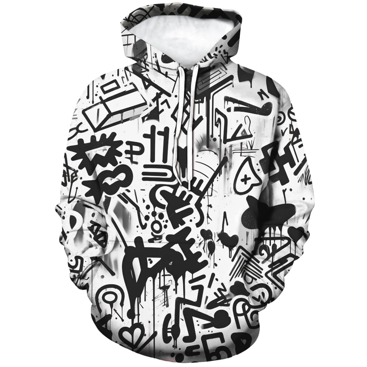Girren Funny Graffiti Pattern Hoodie For Men Hip-Hop Casual Sweatshirt Pocket Pullover, White1, 4XL