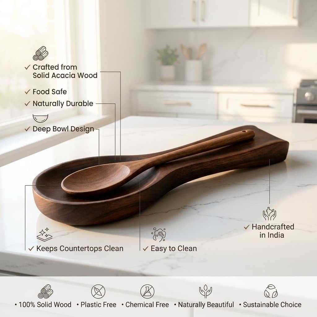 Handmade Acacia Wood Spoon Rest - Kitchen Tool -6 Handmade Acacia Wood Spoon Rest - Kitchen Tool -6