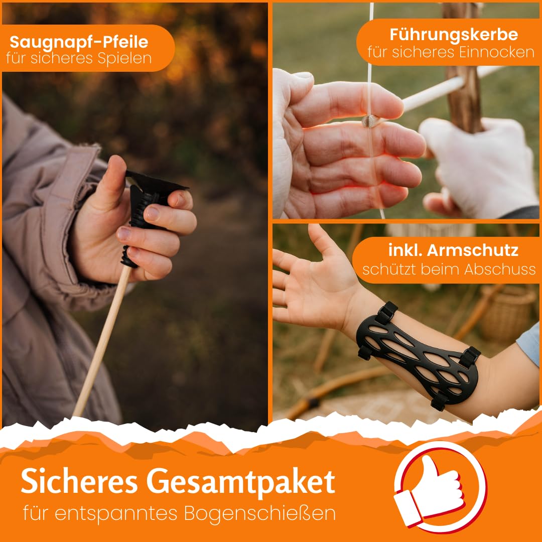 FLITZEBOGEN Pfeil und Bogen Kinder Set aus Holz mit Saugnapfpfeilen | Zielscheibe Köcher Armschutz und Tasche