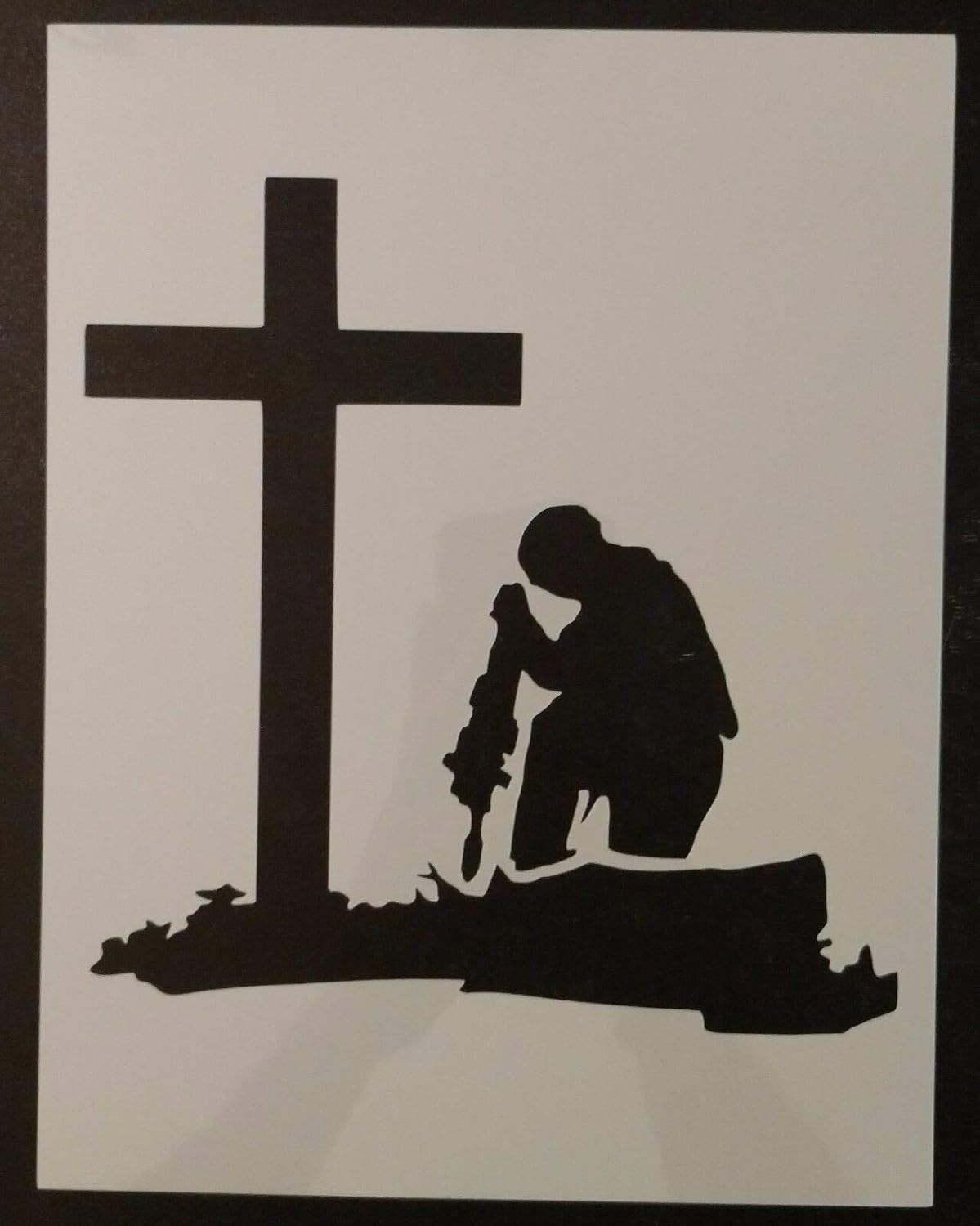 Reusable Sturdy Stencil Military Soldier Kneeling at Cross 11" x 8.5" Cut Stencil Sheet (not Paper) Arts and Crafts Material Scrapbooking for Airbrush Painting Drawing